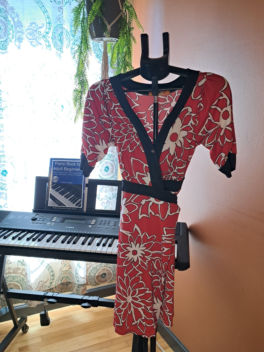 Mint Red Floral Wrap Dress with Black Trim